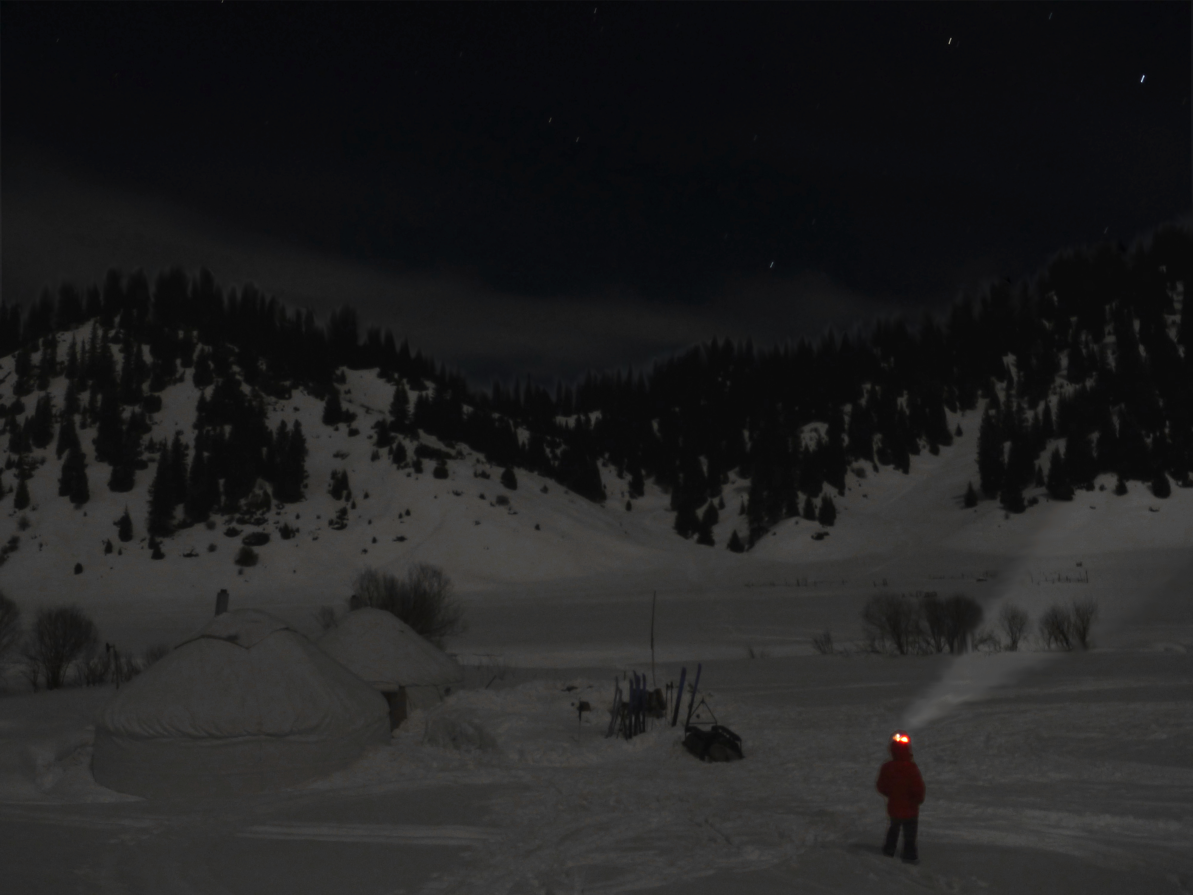 skiing yurts night photography
